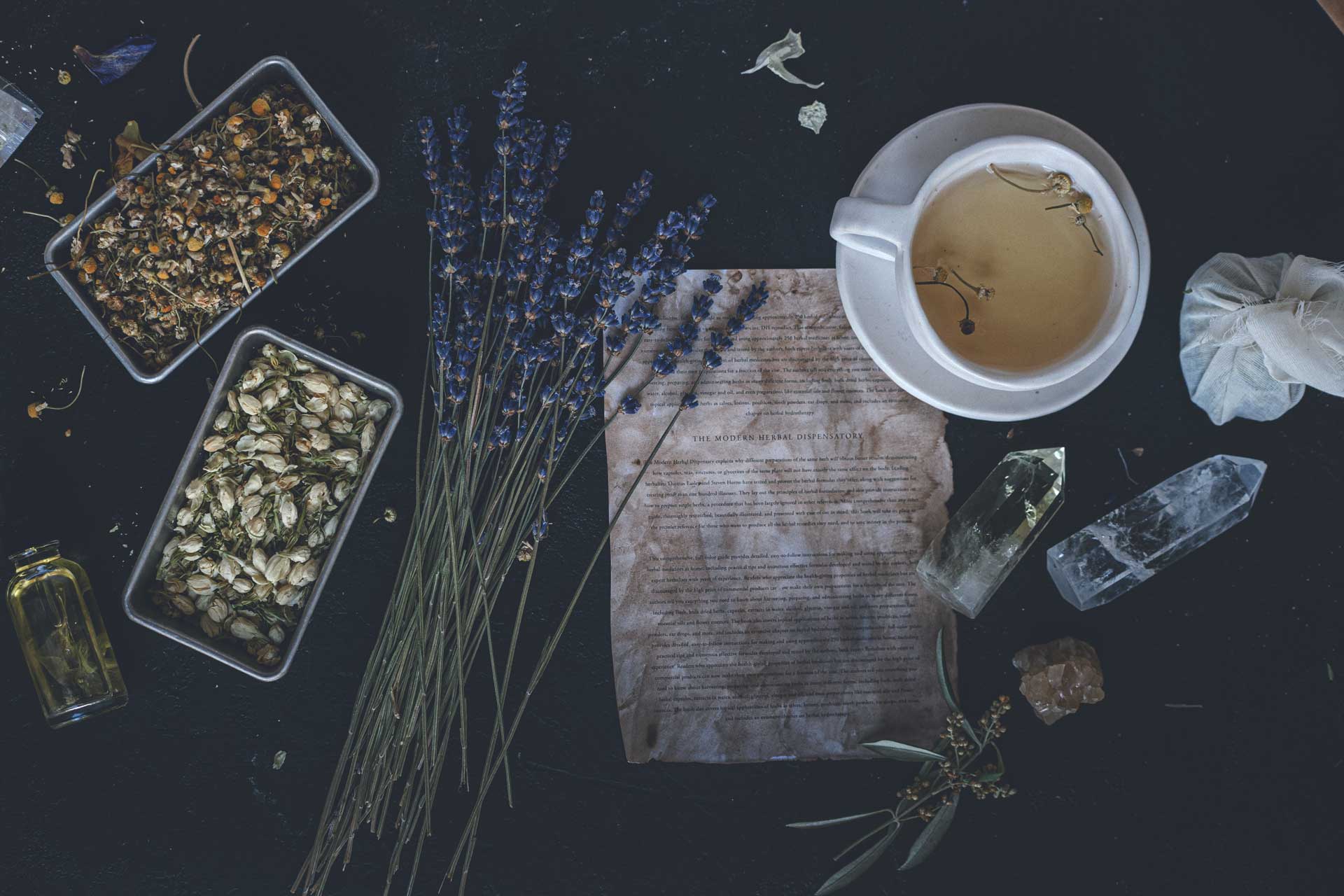 dried flowers and herbal tea and crystals